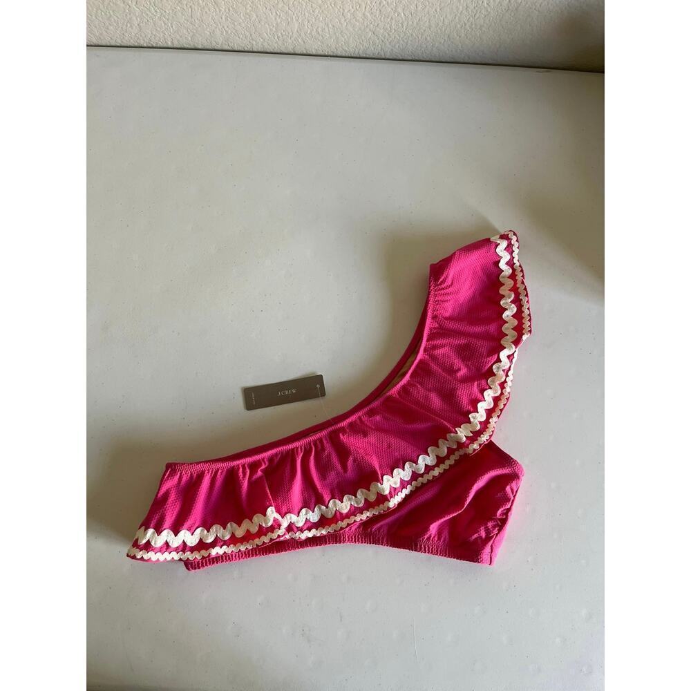 NWT J Crew Pink White Ric Rac Ruffle One Shoulder Bikini Top Sz Small - Picture 4 of 9